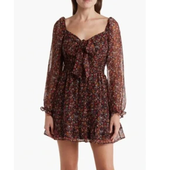 Lush Ultimate Darling Black Floral Print Ruffled Tie-Front Dress - Picture 1 of 9